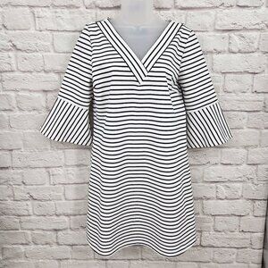 Skies Are Blue Black White Striped V Neck 3/4 Sleeve Tunic Shift Dress Women's M